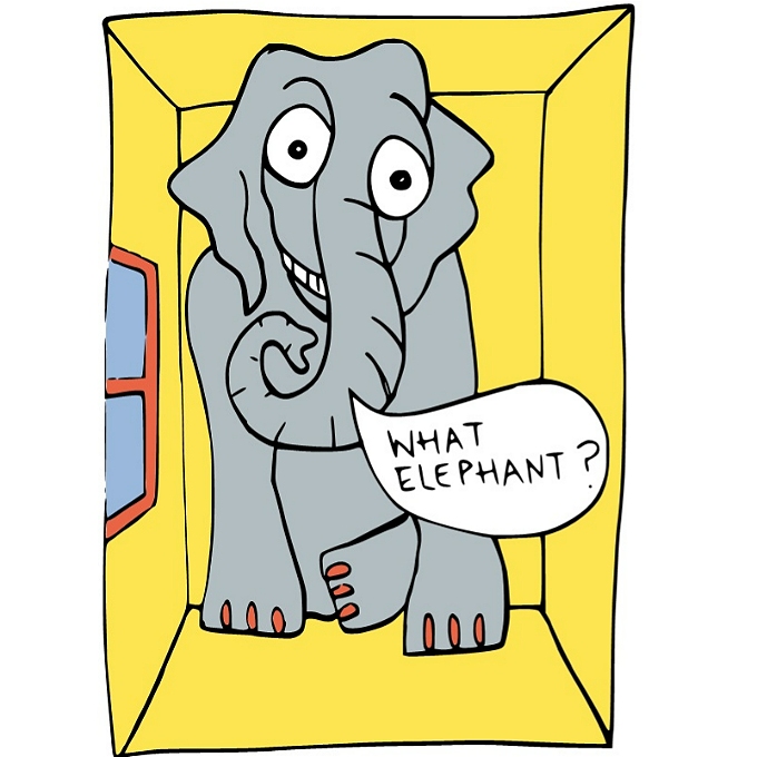 A Large cartoon elephant sitting in a small yellow room asking 