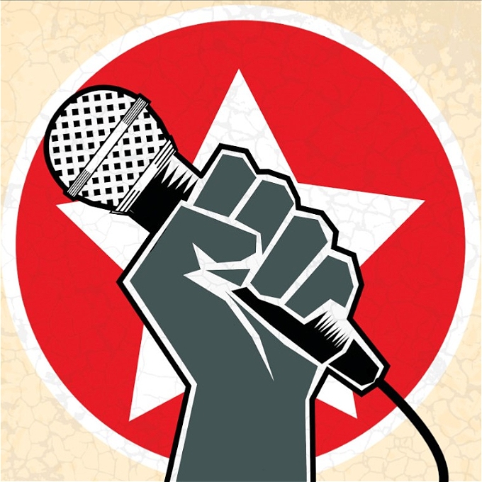 A grey fist clasps a microphone in front of white star in a red circle.