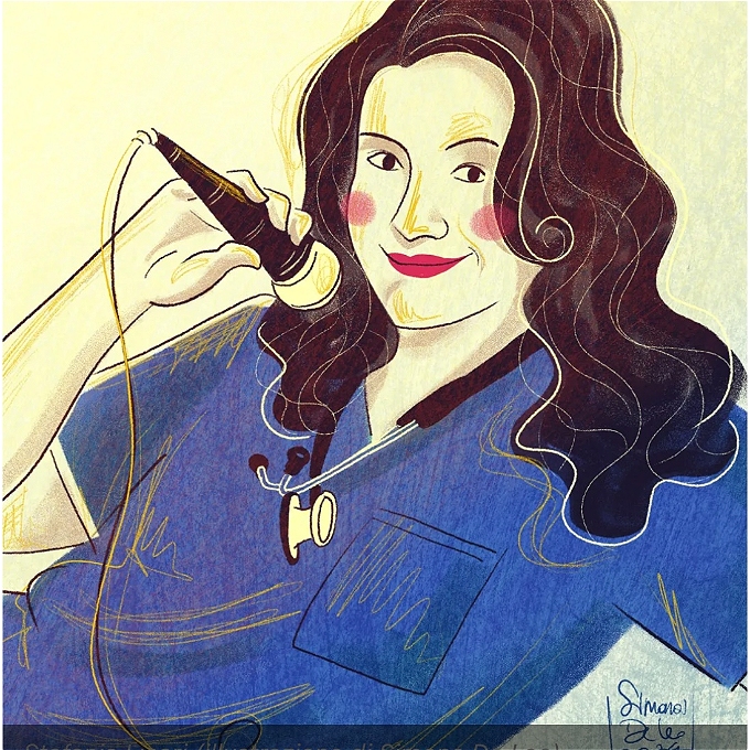 cartoonised image of a white lady with long dark hair wearing scrubs and and stethoscope holding a mic