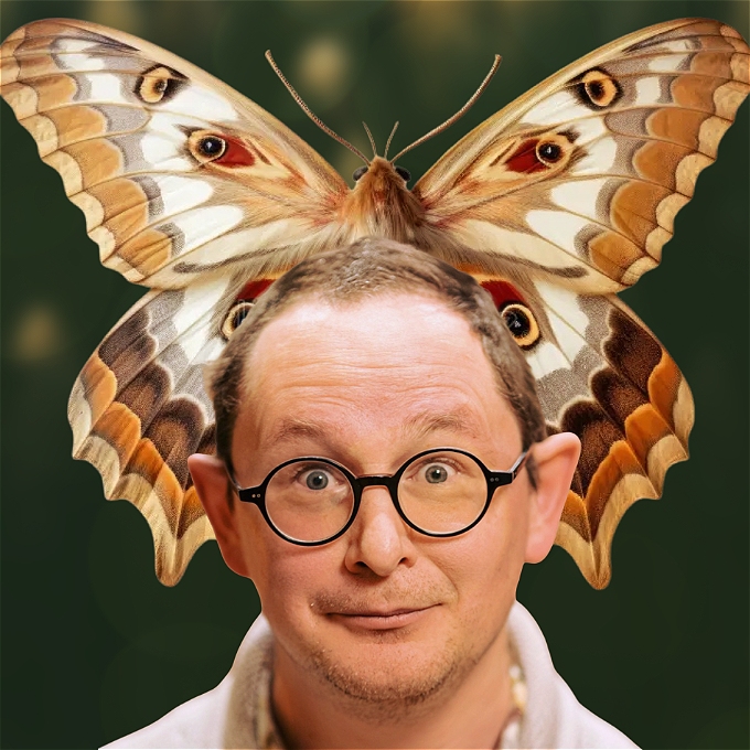 The head of a middle aged man wearing round glasses in front of a gigantic moth.