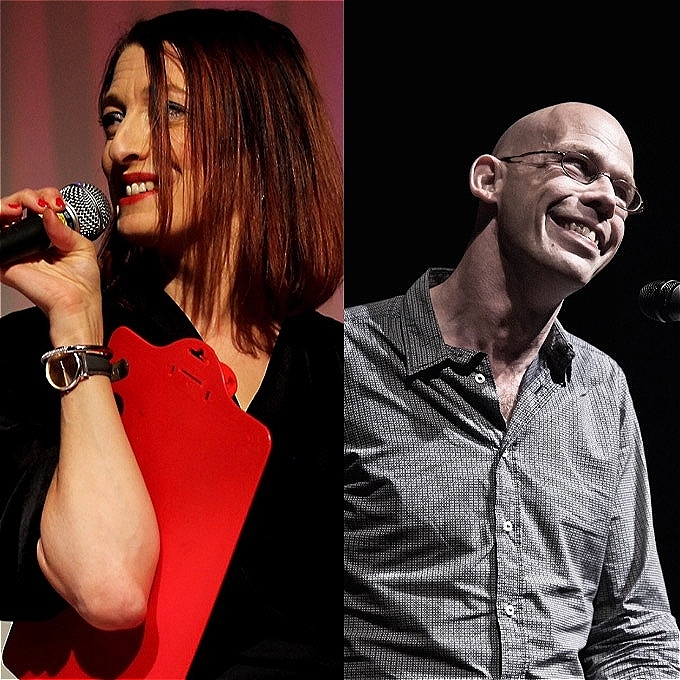 A split image, with Lydia holding her mic looking left, and Rob looking right, both are smiling