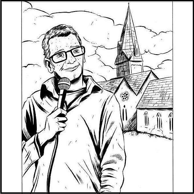 A line drawing of Paul Kerensa standing with microphone in hand in front of a church