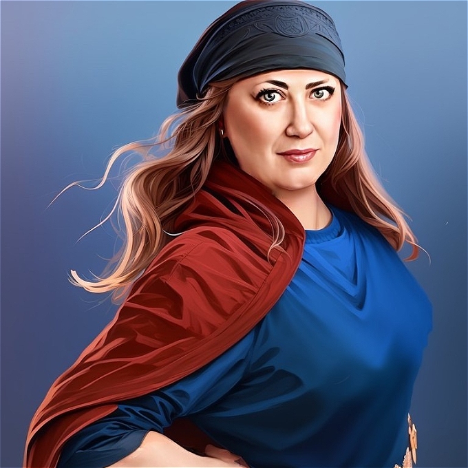 Woman wearing religious headscarf and cape, standing in a superhero pose.