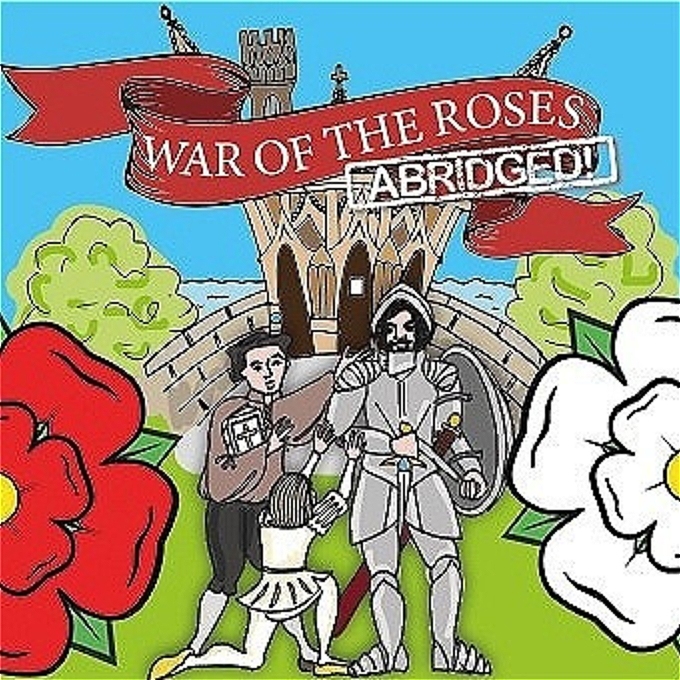 A cartoon of two medieval knights in front of a bridge. There is a red rose flanking to the left, and a white rose to the right